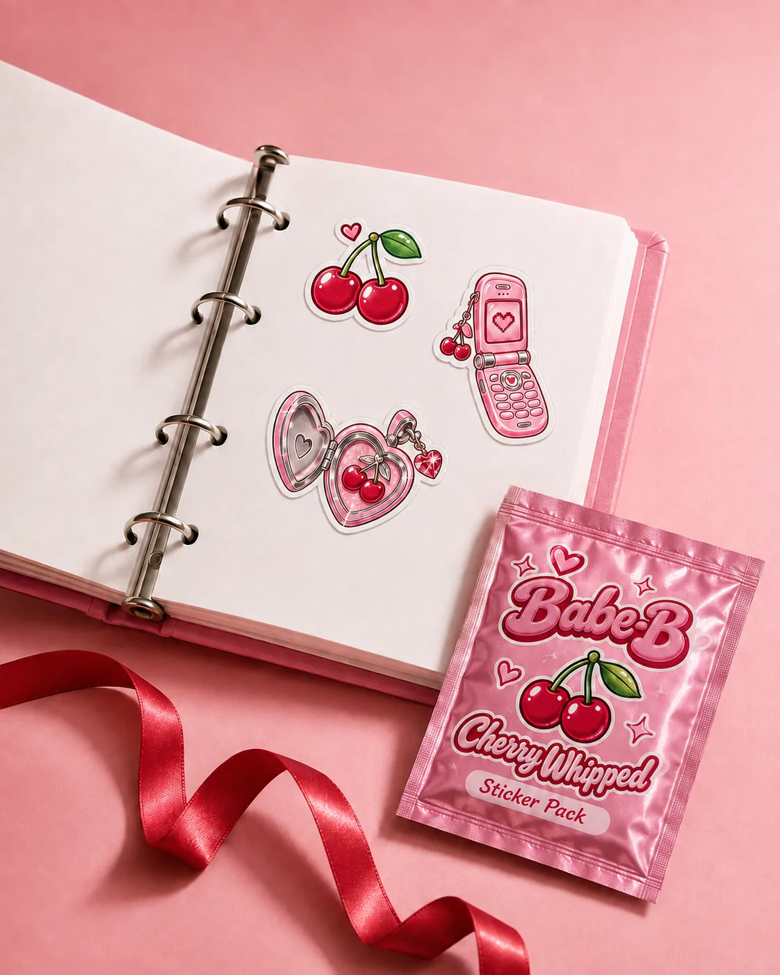 Open pink Babe-B collector-book concept with stickers and a ribbon