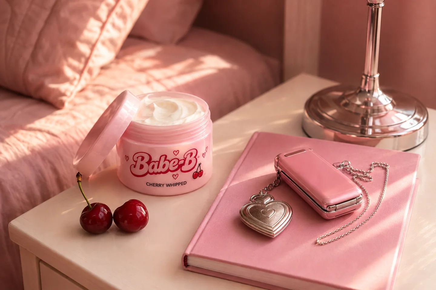 Babe-B campaign concept on a bedside table in warm afternoon light with a pink flip phone and heart locket