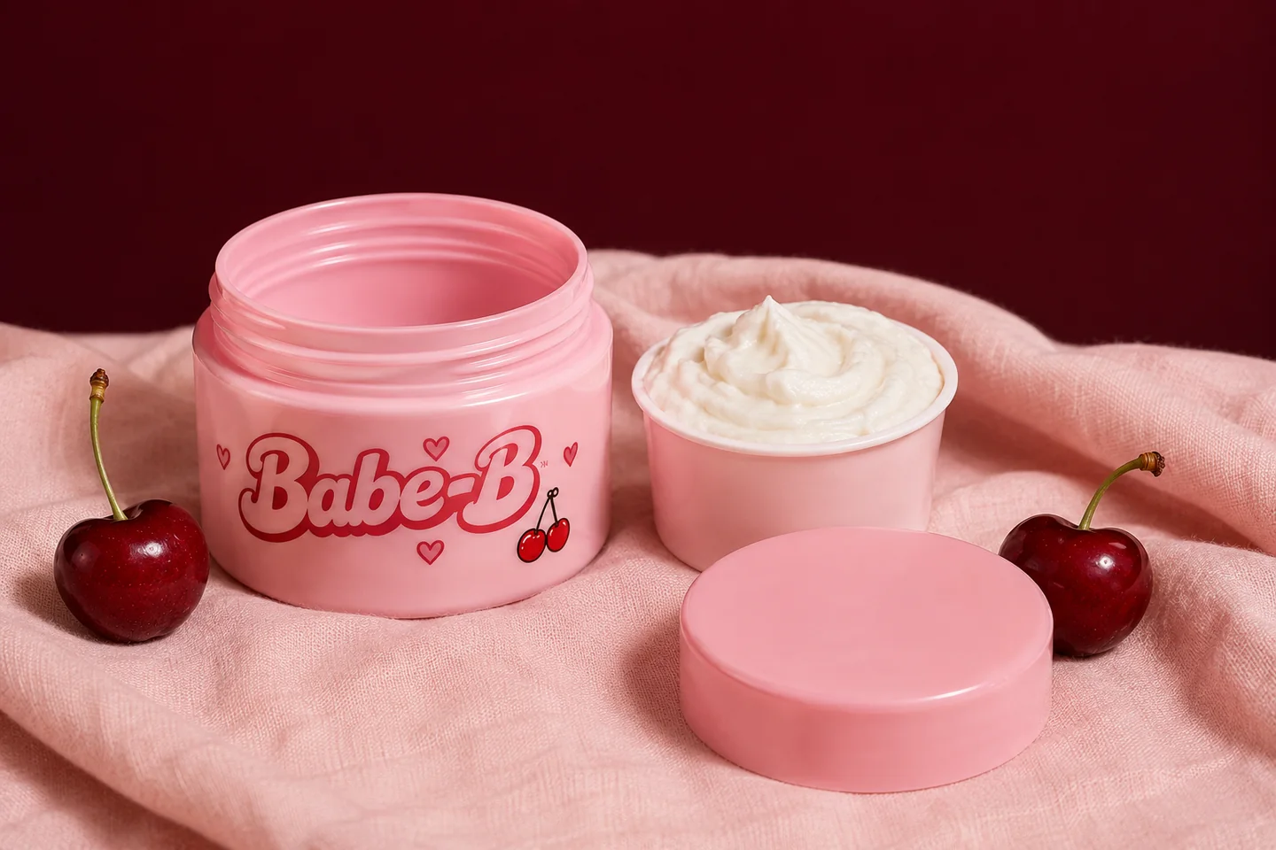 Babe-B refill design concept: pink outer jar, separate refill cup and lid on pink fabric