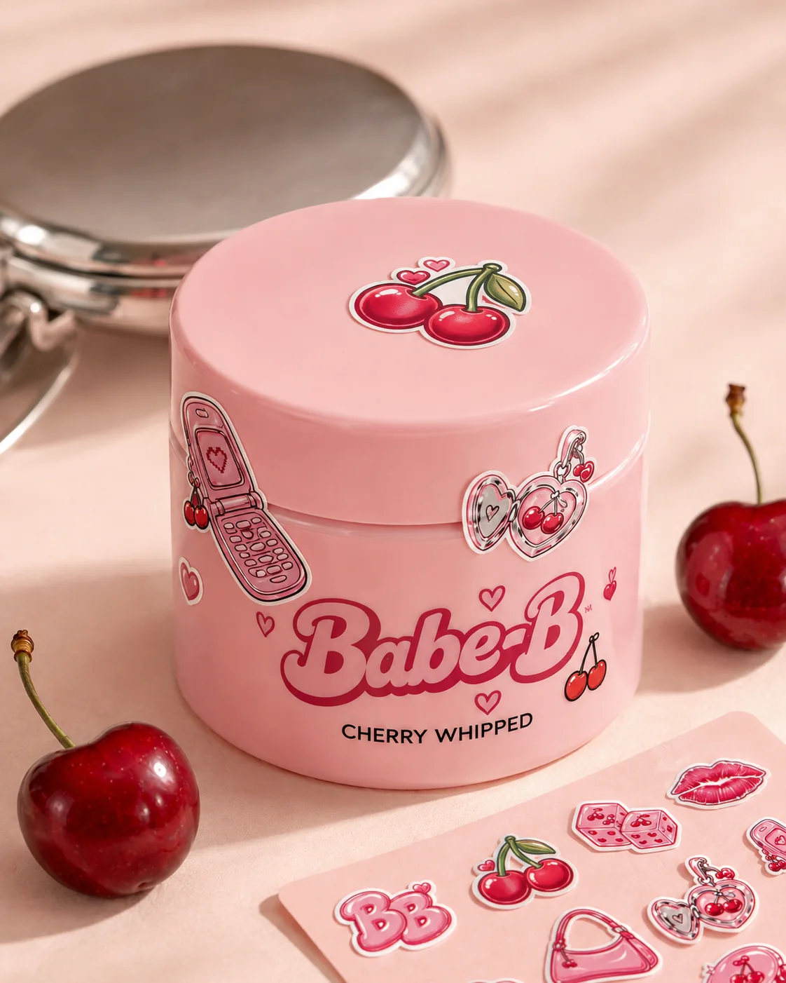 Babe-B jar decorated with cherry, BB and heart sticker designs