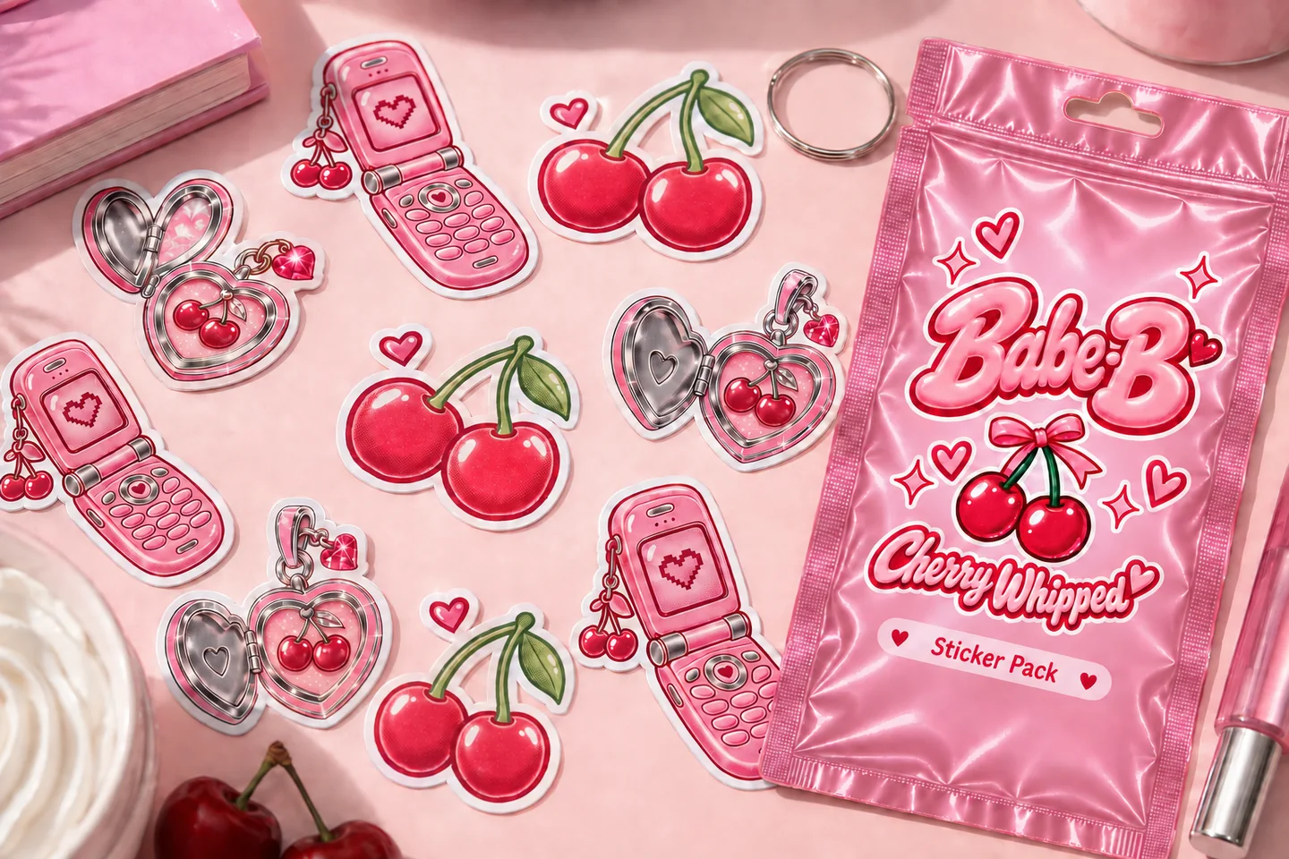 Babe-B sticker campaign concept with cherry, flip-phone and heart designs beside a pink pack