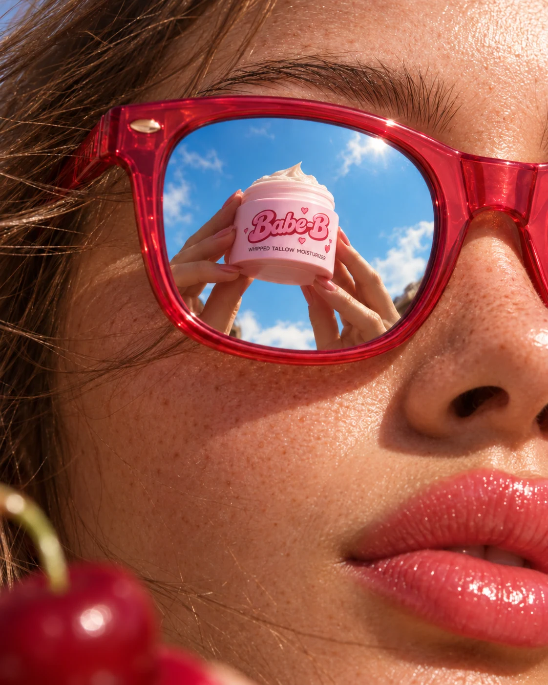 Original Babe-B campaign close-up with cherry-red sunglasses reflecting a pink Cherry Whipped jar