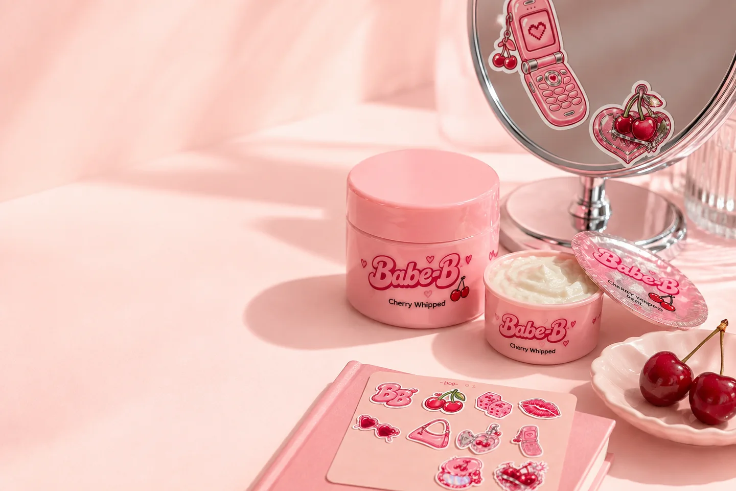 Babe-B campaign concept with the jar and refill on a sunlit vanity