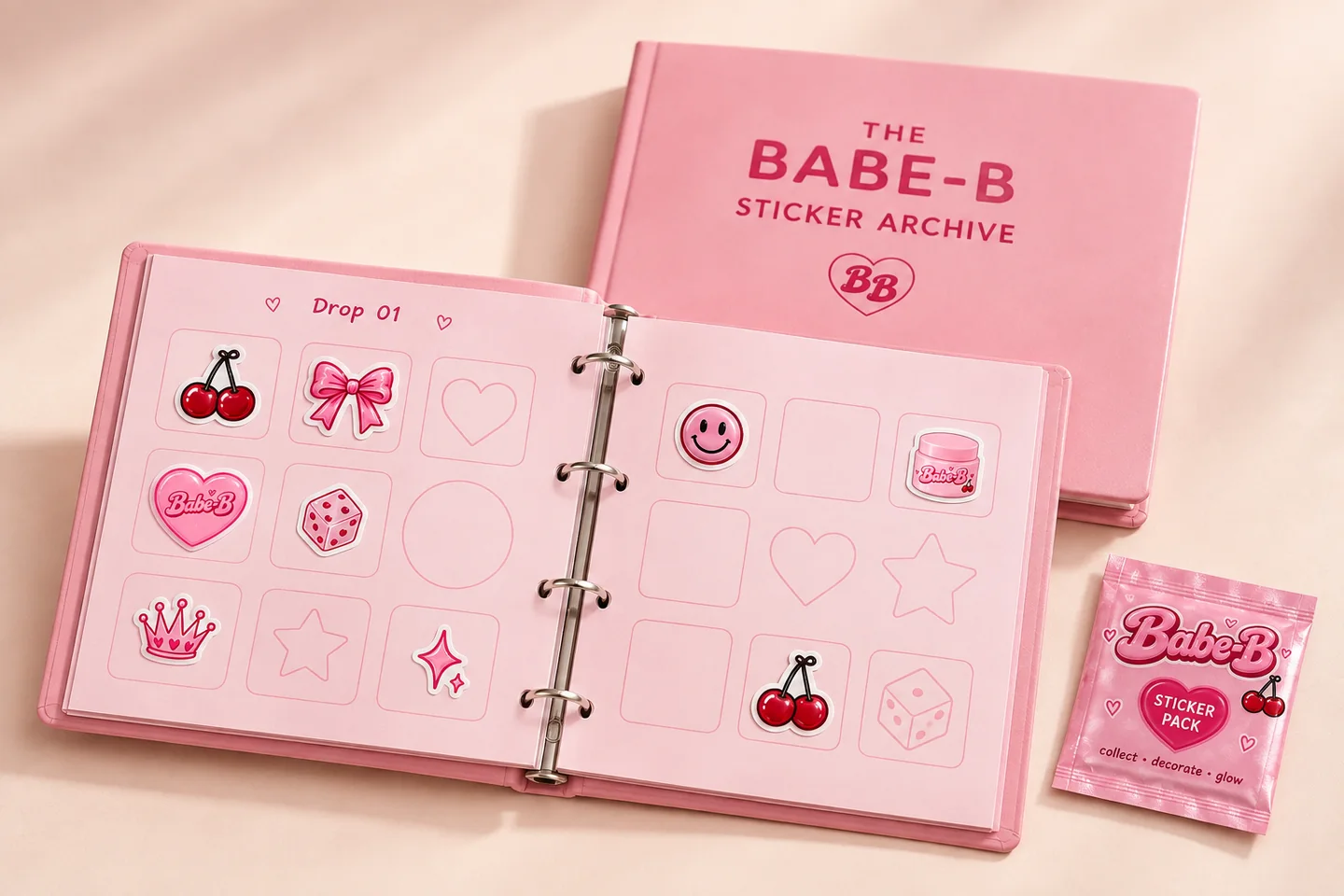 Original Babe-B Sticker Archive concept showing an open pink ring binder and sticker pack