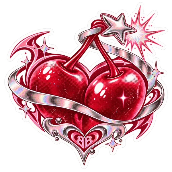 A pair of glittering cherries with a starburst detail.