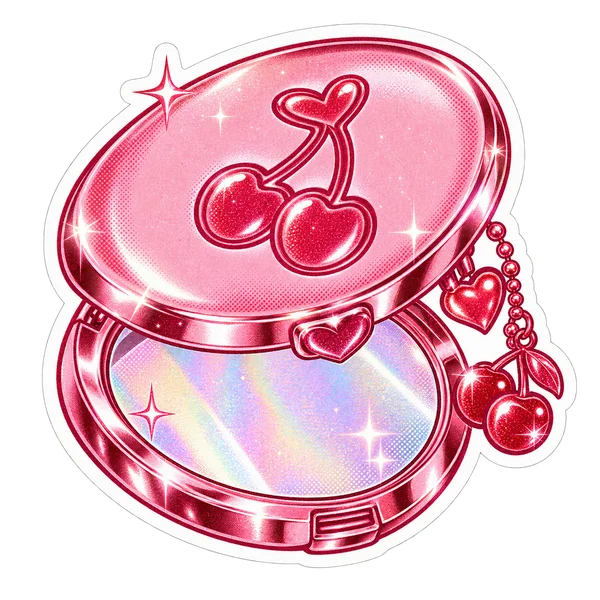 A pink compact with a sparkling reflective lid.