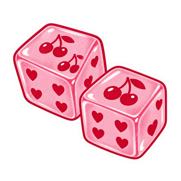 A pair of pink dice with cherry details.