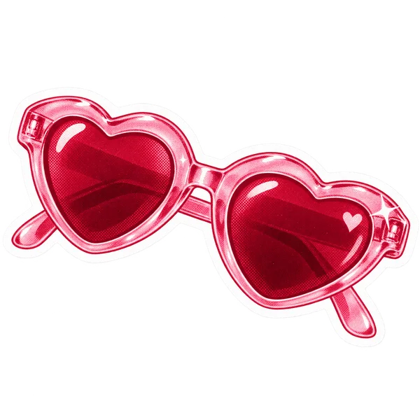 Pink sunglasses with heart-shaped lenses.