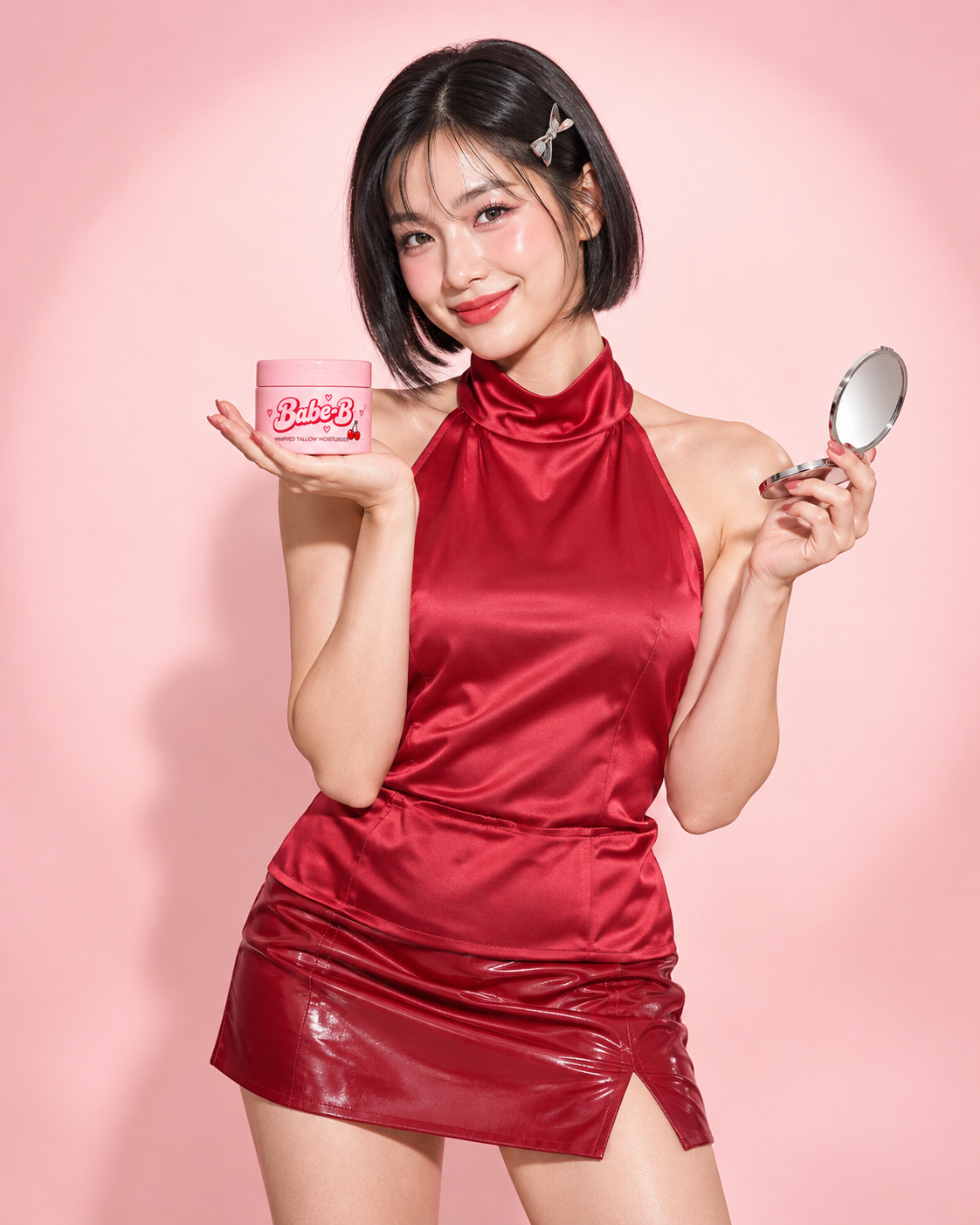 Adult Babe-B campaign model holding a chrome compact mirror and pink Cherry Whipped jar