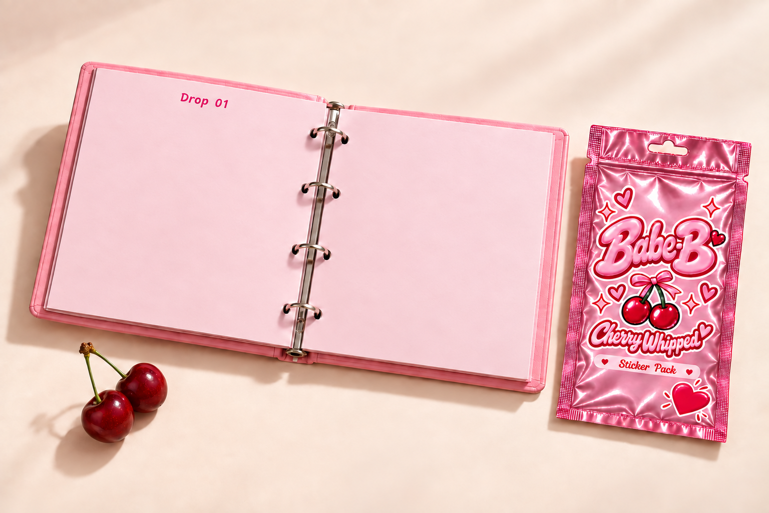 Open pink collector-book concept with blank pages and a separate mystery pouch