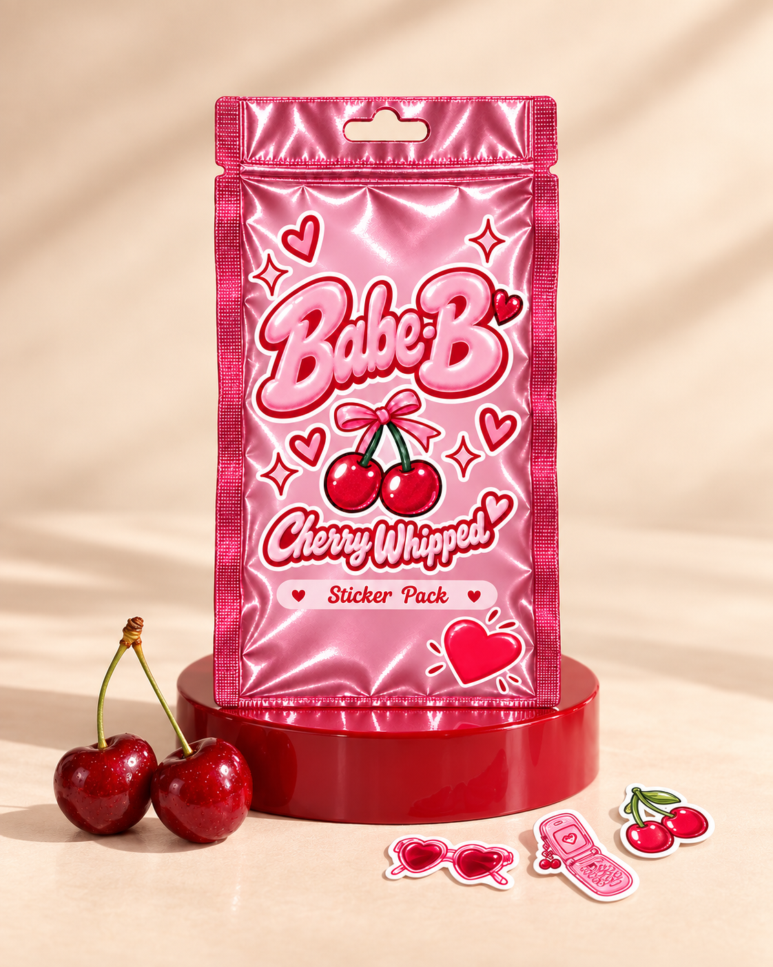 Pink foil mystery pouch with cherry, flip-phone and sunglasses sticker concepts