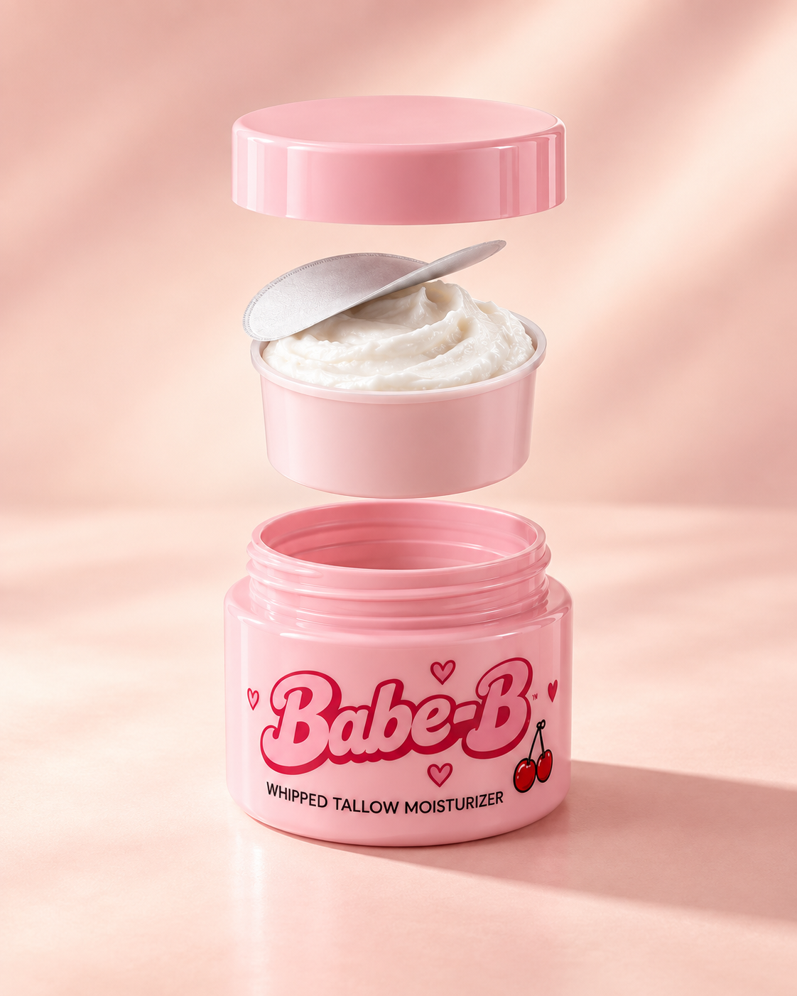 Exploded Babe-B concept: fully separated pink lid, white-cream refill cup and outer shell