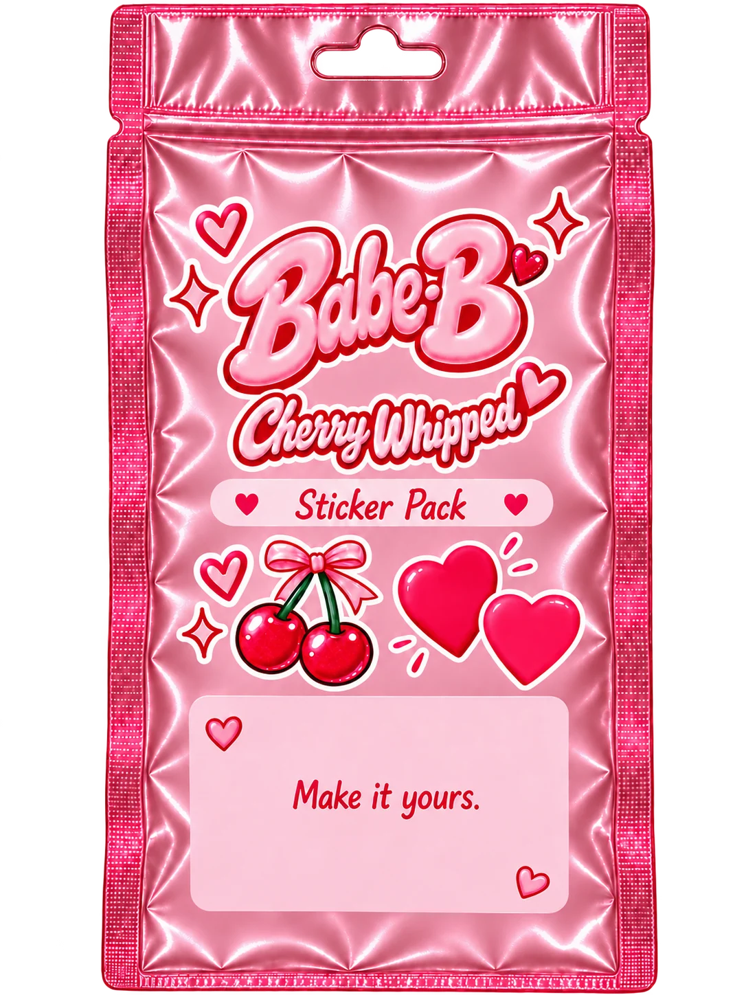 Babe-B Cherry Whipped sticker-pack back, with pink foil and matching cherry artwork