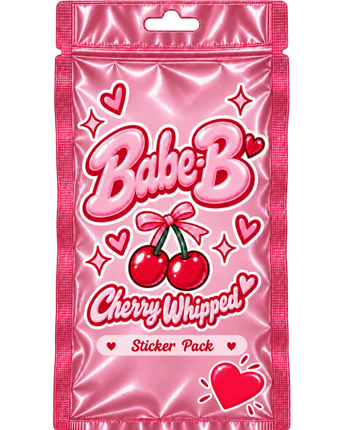 Front of the pink metallic Babe-B Cherry Whipped sticker pack concept