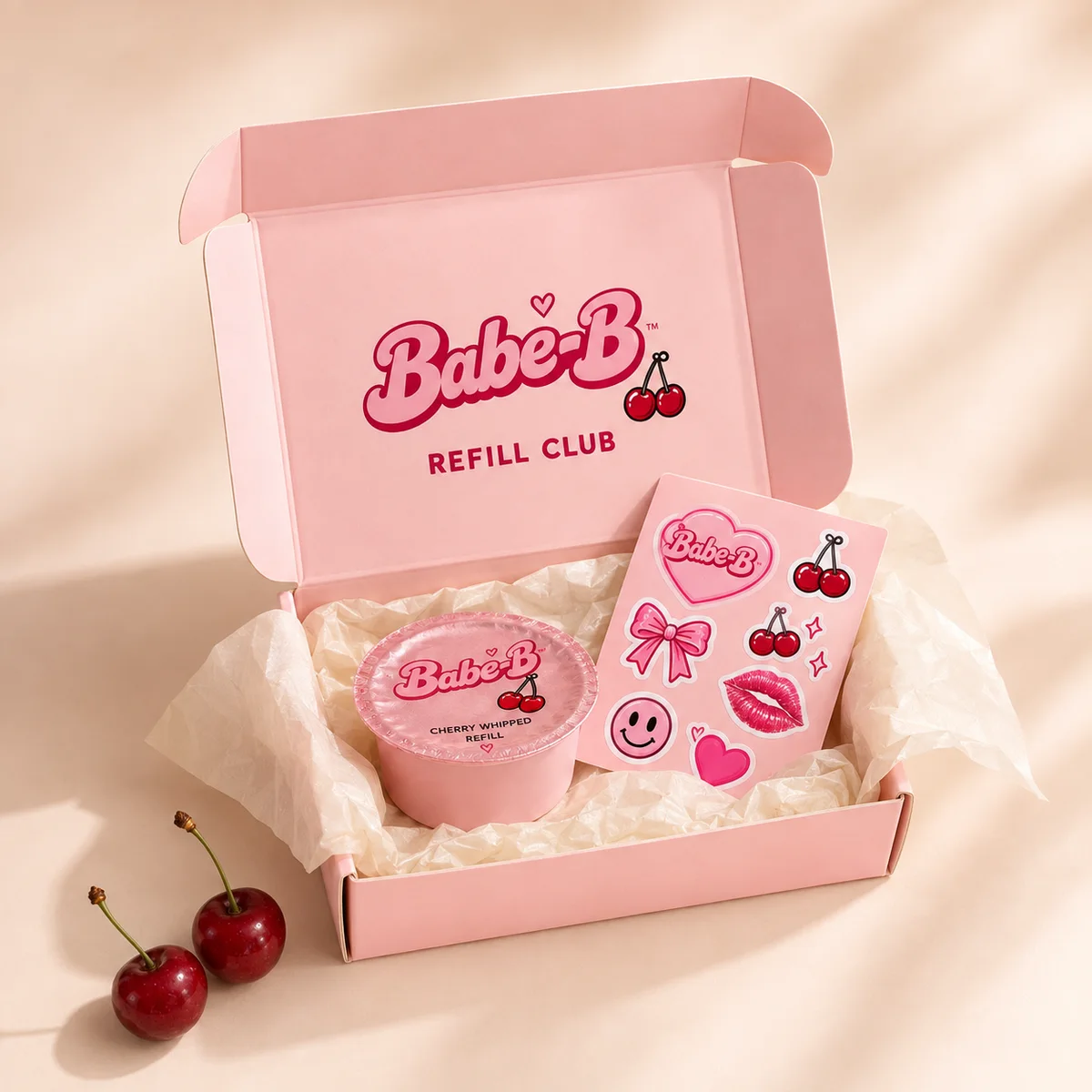 Babe-B Refill Club concept showing a pink box, refill cup and sticker designs