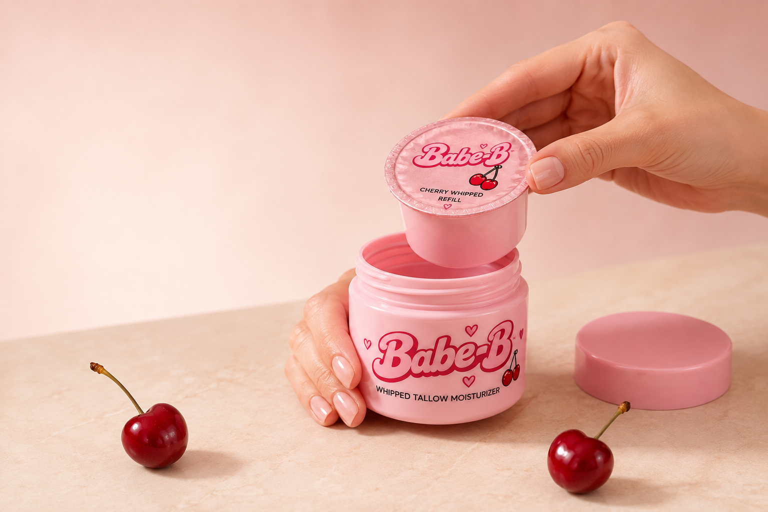 Hands lowering a sealed Cherry Whipped refill cup into the pink Babe-B shell