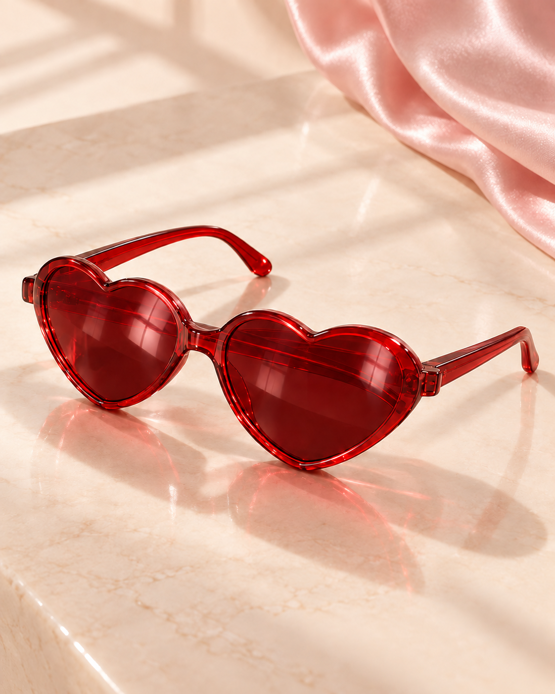 Cherry-red heart sunglasses on a warm cream vanity